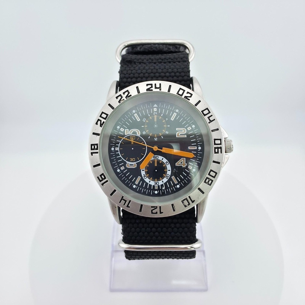Men's Watch Sport Stainless Steal Case 24hr Military Bezel Black Band 9"